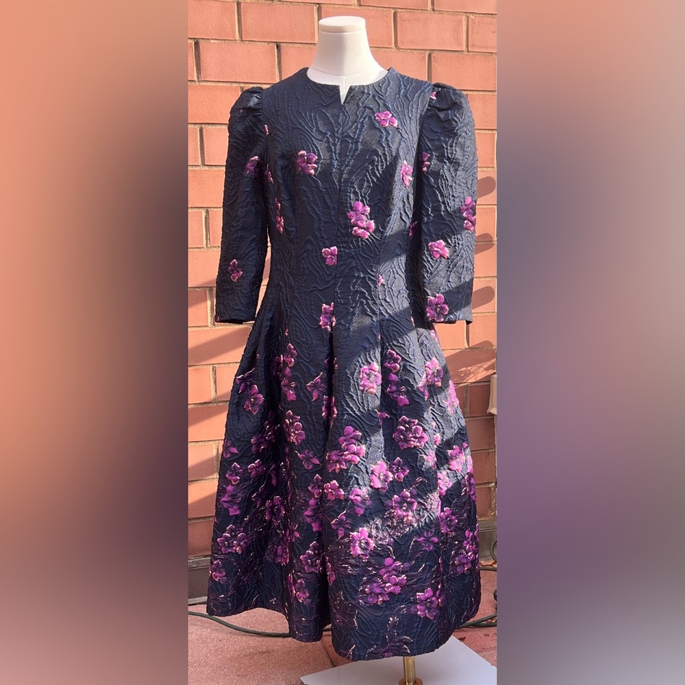 Teri Jon Navy and Pink Floral 3/4 Sleeve Dress